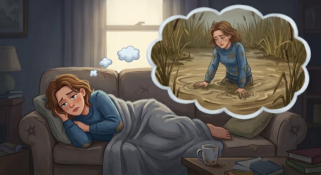 A woman lies on a couch looking sad, covered with a blanket, imagining herself stuck in mud; a mug sits on the table nearby.